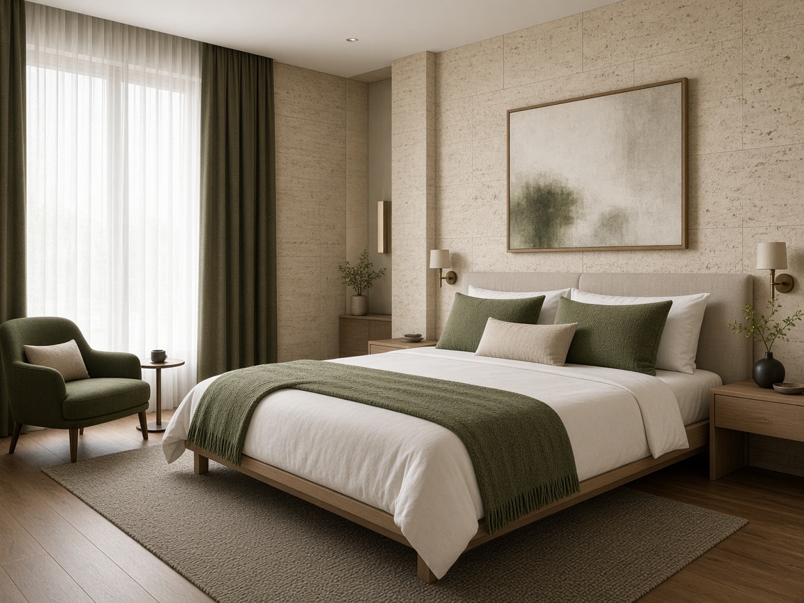 Quiet hotel room with olive textiles and timber floor at Joyfeels